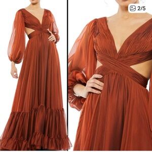 Mac Duggal Rust Chiffon Long Sleeve Gown